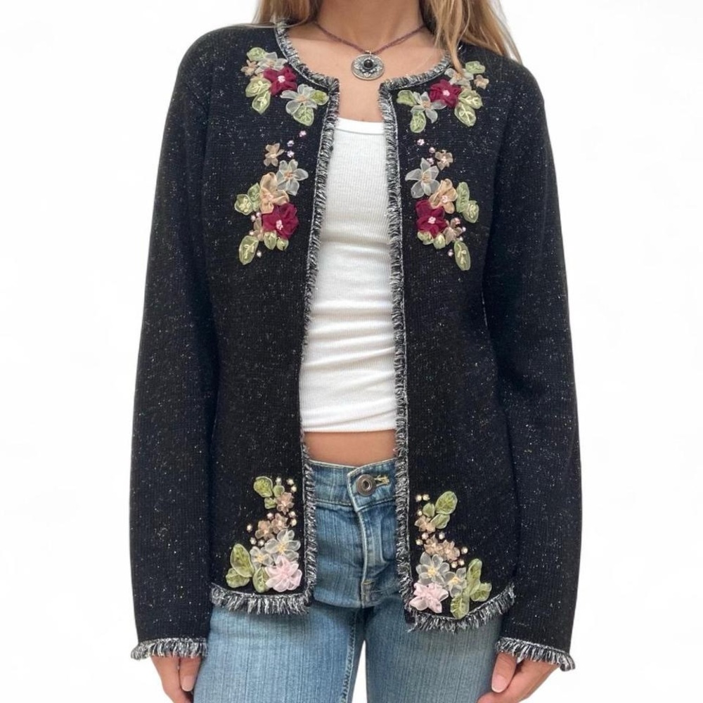 Vintage metallic sparkle embroidered knit cardigan with flowers holiday party